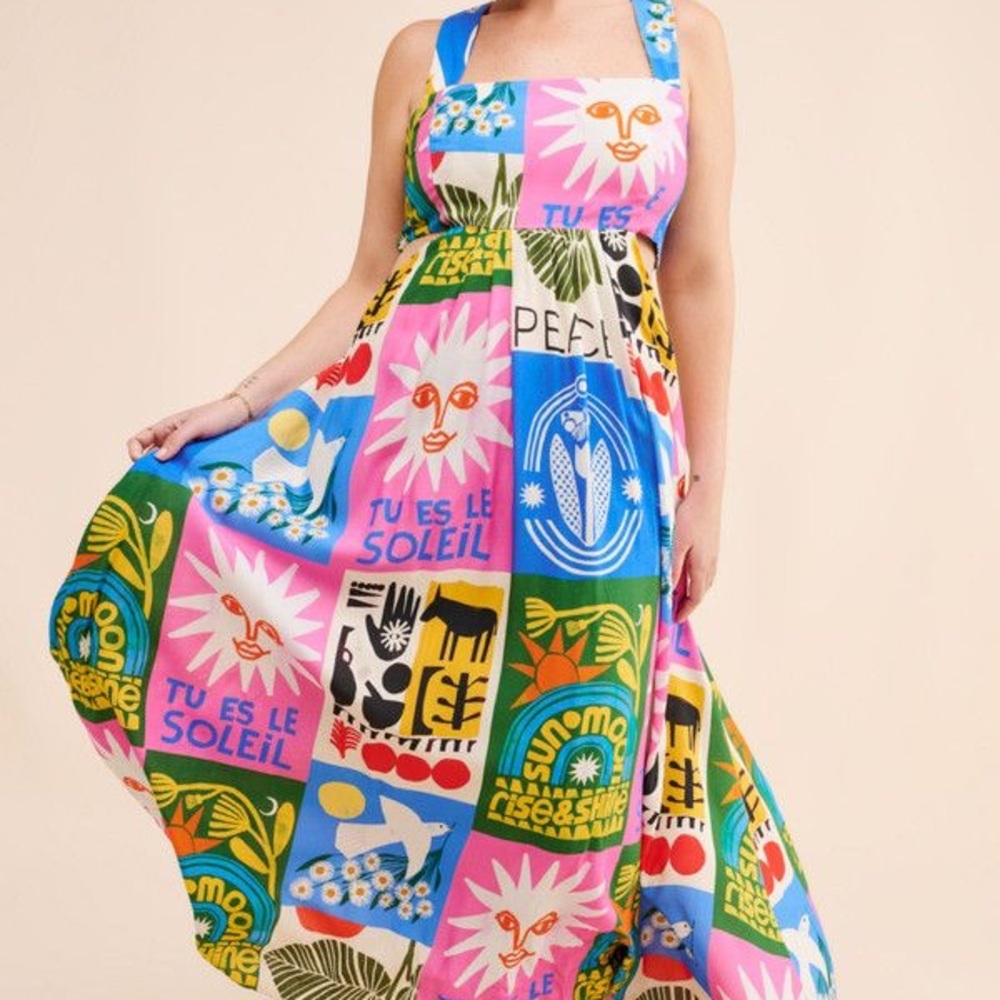 NEW Anthropologie Cutout Maxi Dress Vibrant Statement Artsy Patchwork Sun moon S - Picture 4 of 9